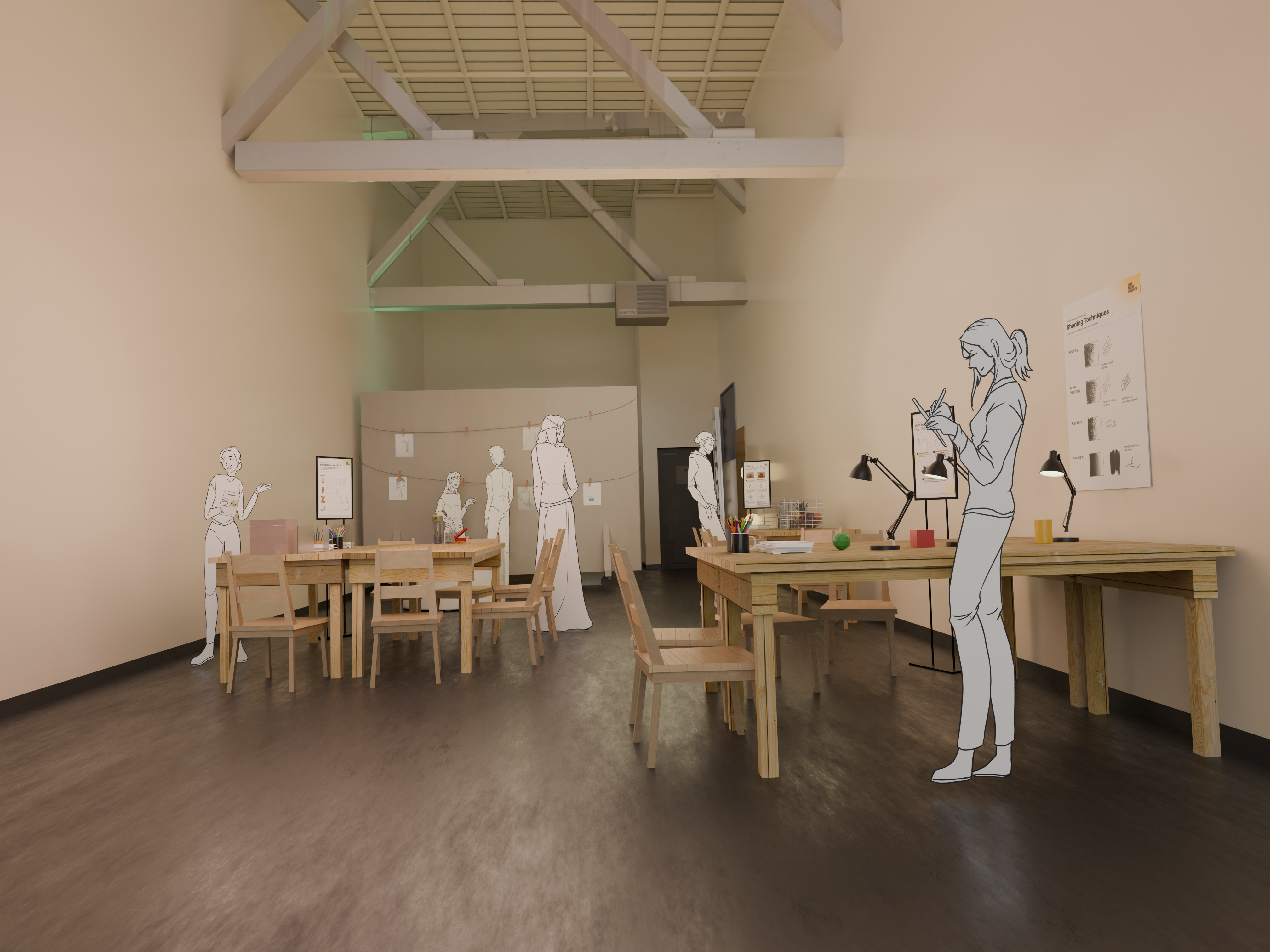 Full render of the arcade with people.