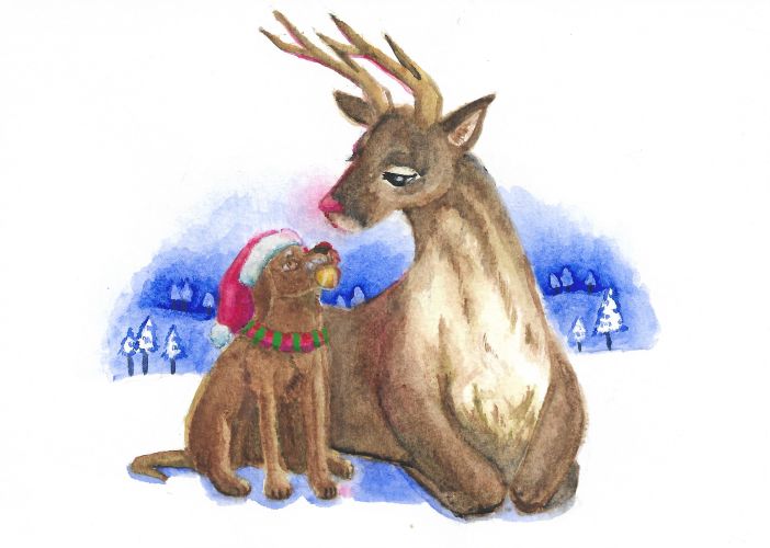 Watercolour painting made for christmas cards with dog and reindeer