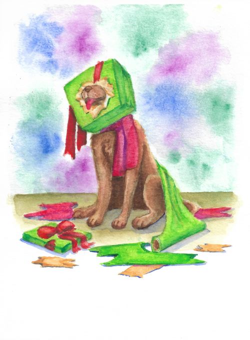 Watercolour painting made for christmas cards with dog stuck in a box