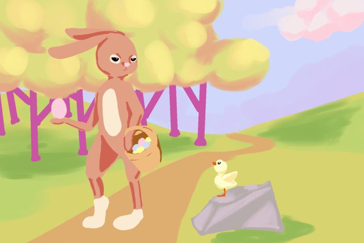 Concept Art for Happy Easter with chick following disgruntled bunny