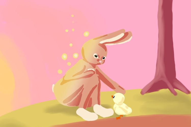 Concept Art for Happy Easter with bunny disappearing as they pat chicks head