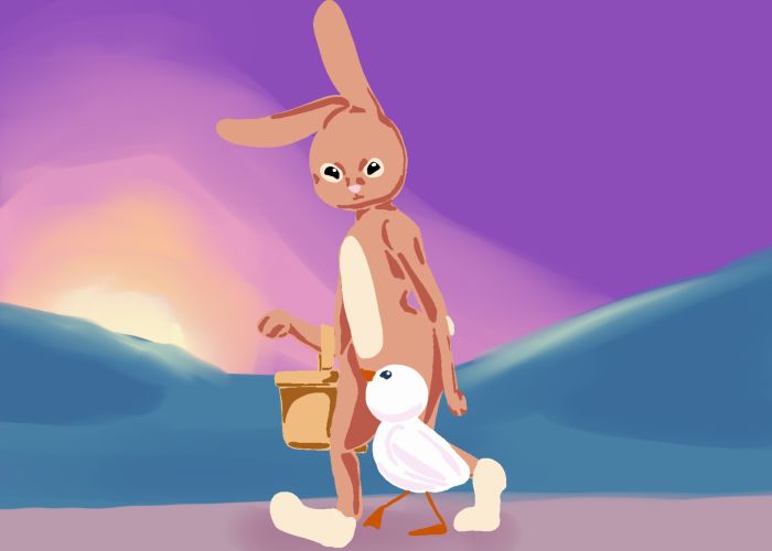 Concept Art for Happy Easter with grown chick and bunny walking