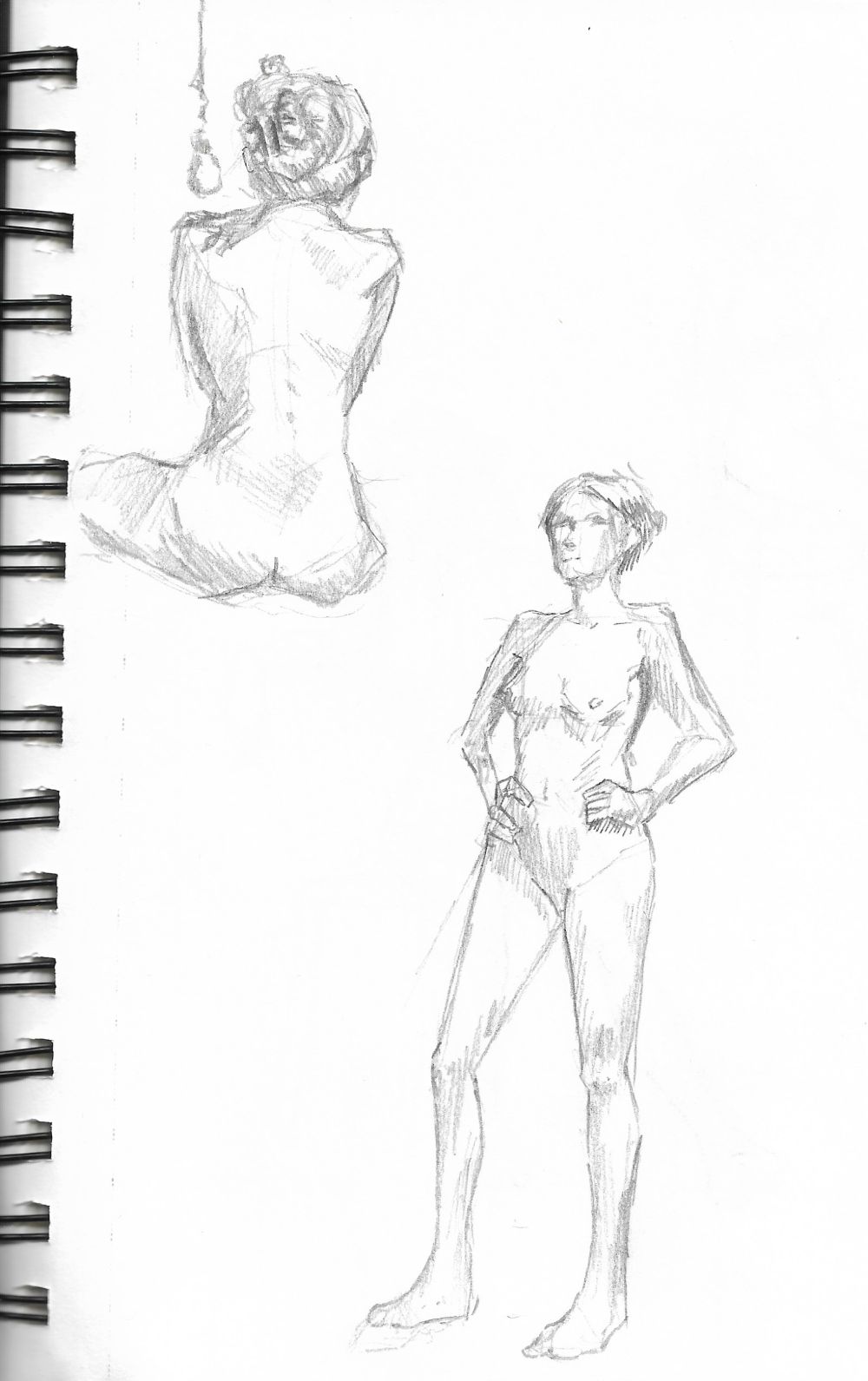 2 poses of a woman, figure drawing sketches in pencil