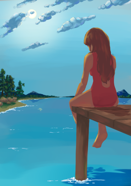 woman sitting by the dock overlooking a lake digital painting
