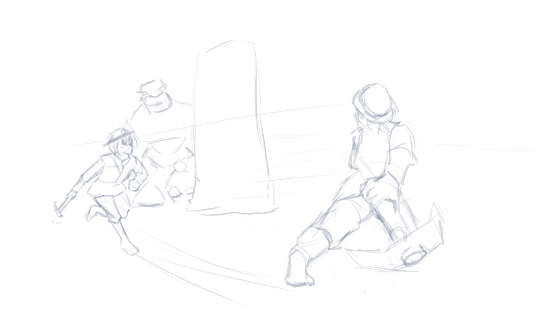 Low-angle storyboard image from the trailer for the Quarrior game