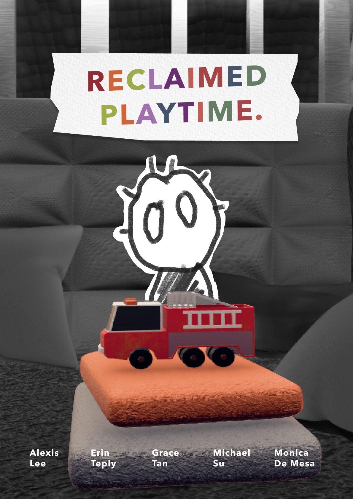 Poster for the VR experience Reclaimed Playtime featuring a collaged child's drawing behind a toy fire truck