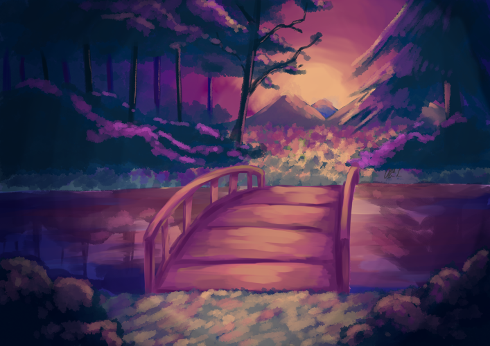 Digital painting of a bridge over a river in the forest at sunset