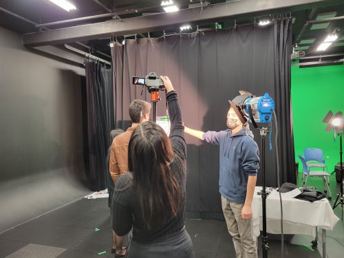 Production still of shooting the the over the shoulder shot shown in figure 3.