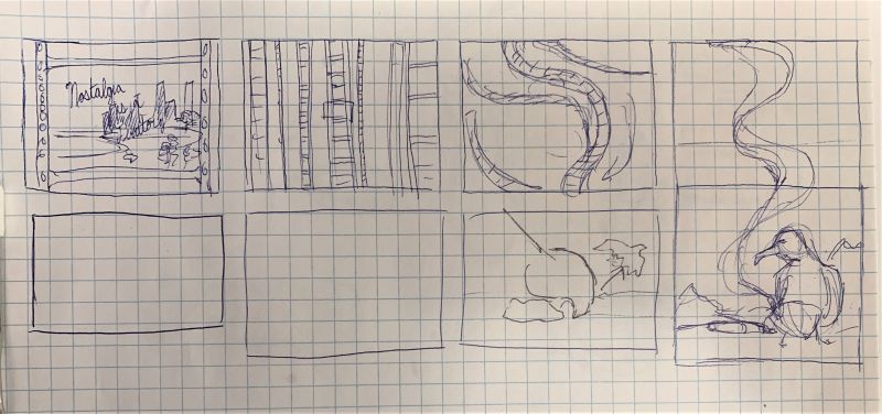 Rough thumbnail sketches for the opening shots of the video