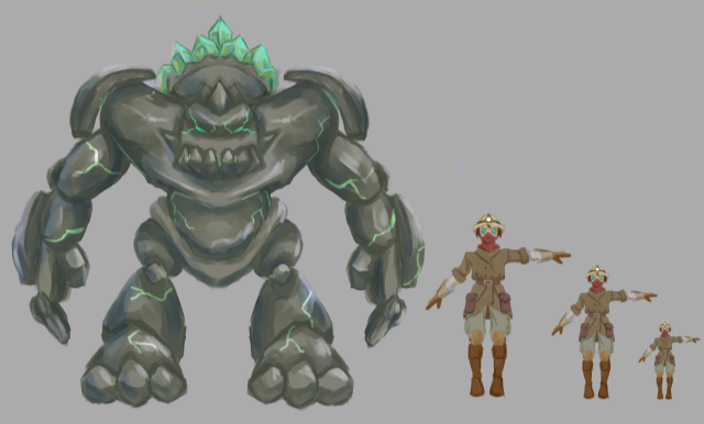 Image of Rock Titan design along with several smaller versions of Miner