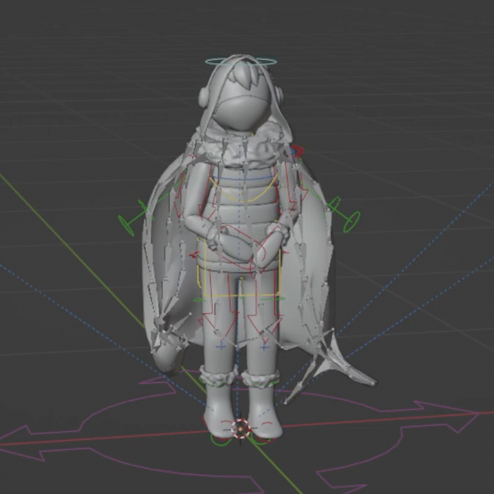 Rigging of player character with the cape interacting in an animation.