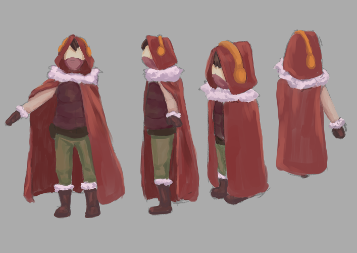 Character concept art of the main player character in a red hood.